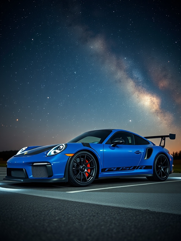 Porsche GT3 RS in midnight blue under a starry sky