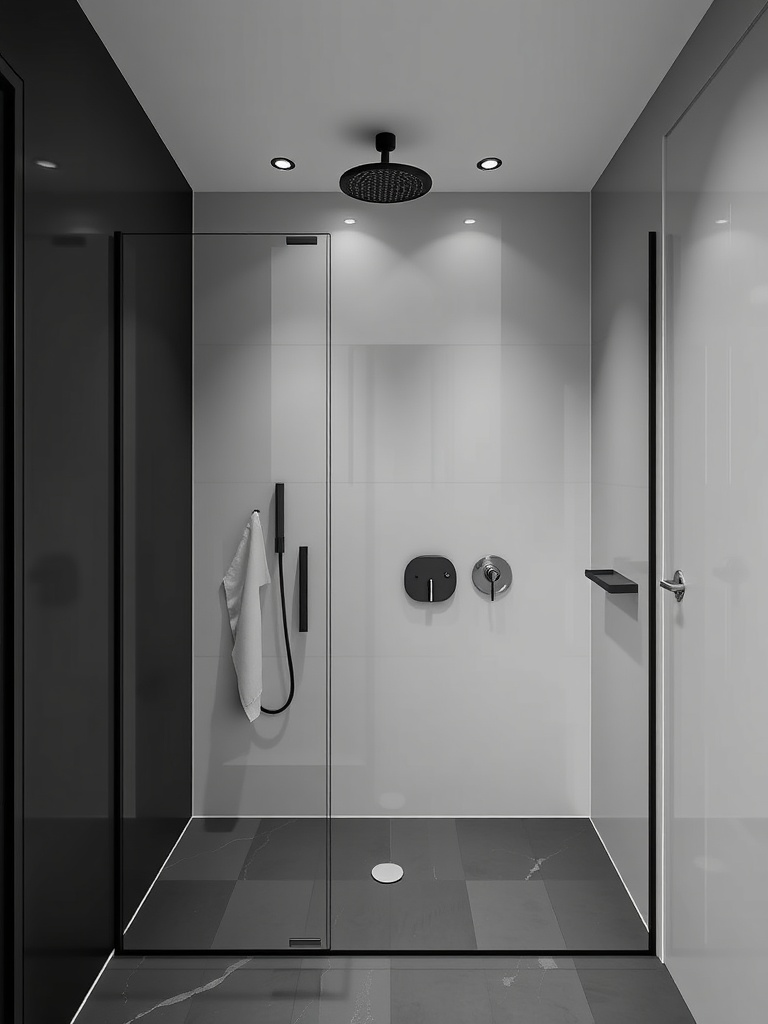 A modern walk-in shower with a monochromatic color scheme featuring black and white elements, a large rainfall showerhead, and a glass enclosure.