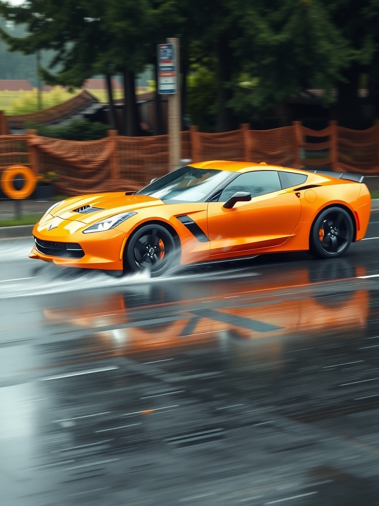An orange Corvette speeding through puddles on a rainy day