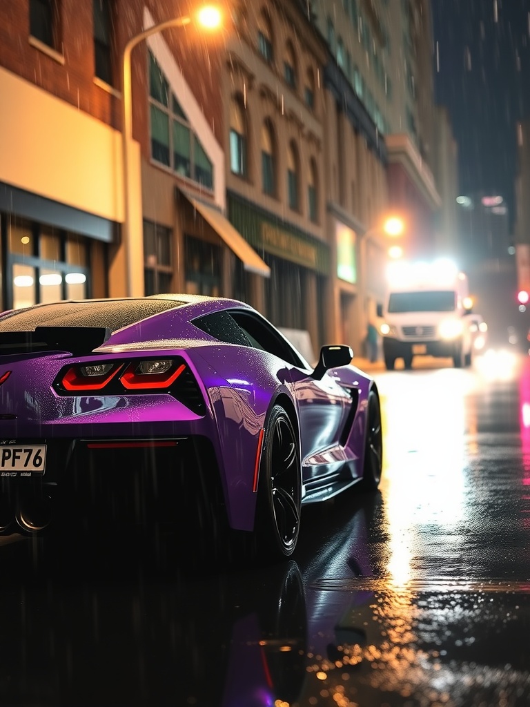 A purple Corvette Stingray parked on a rainy street, illuminated by streetlights.