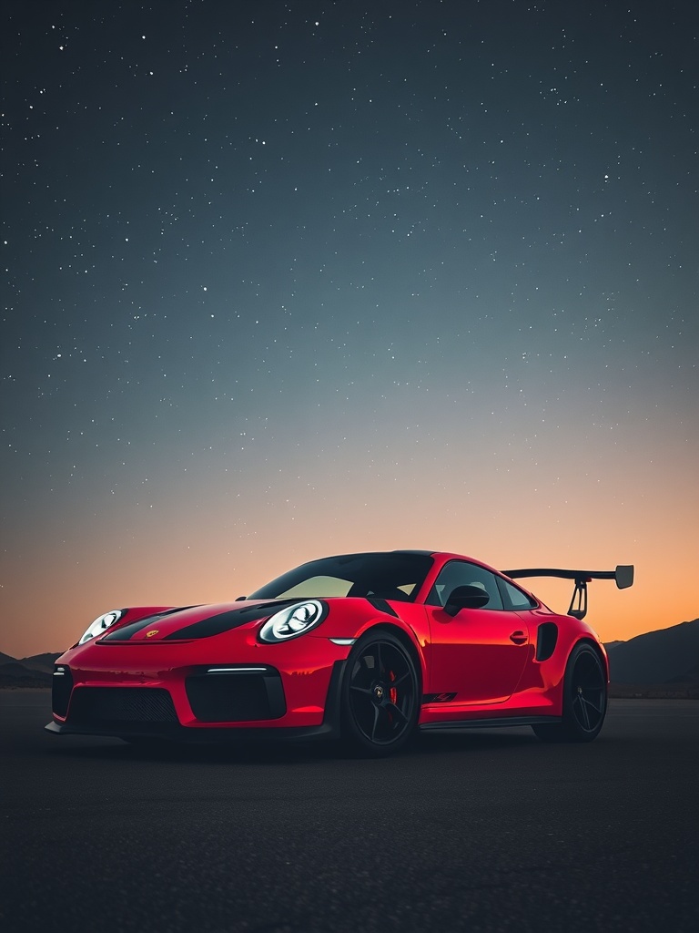Porsche GT3 RS in radiant red under starry night sky.
