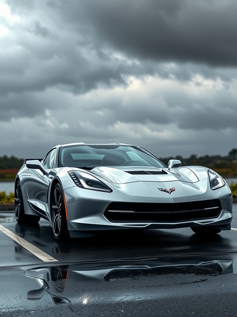 A silver Corvette parked under stormy clouds, reflecting on wet pavement.