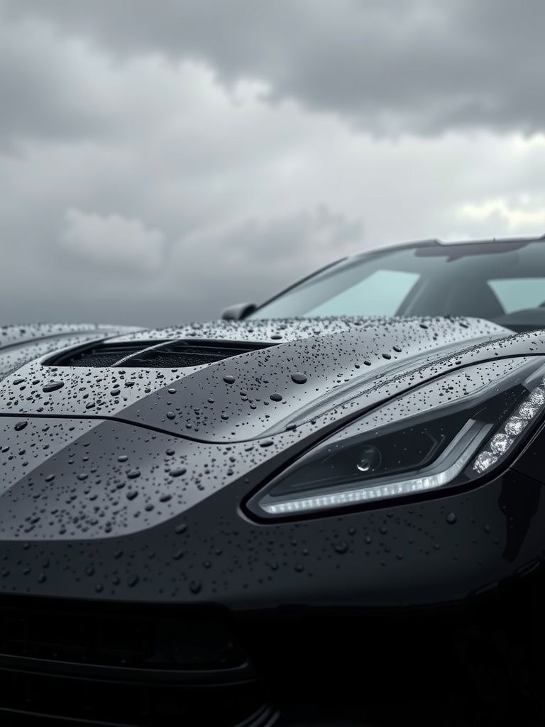 A sleek black Corvette on a wet road with stormy clouds in the background.