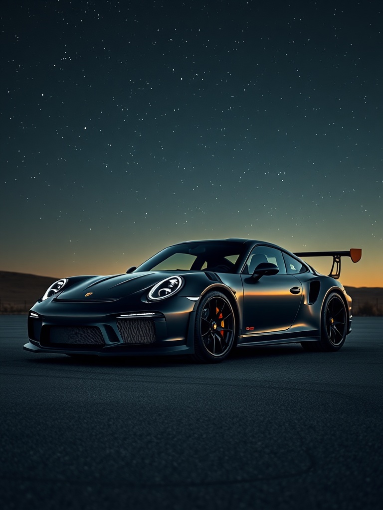Porsche GT3 RS in matte black under a starry sky.