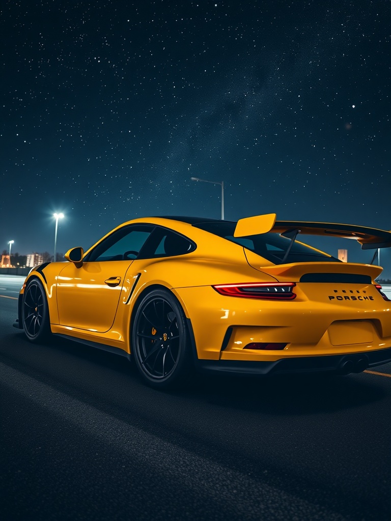 Porsche GT3 RS in vibrant yellow under a starry sky.