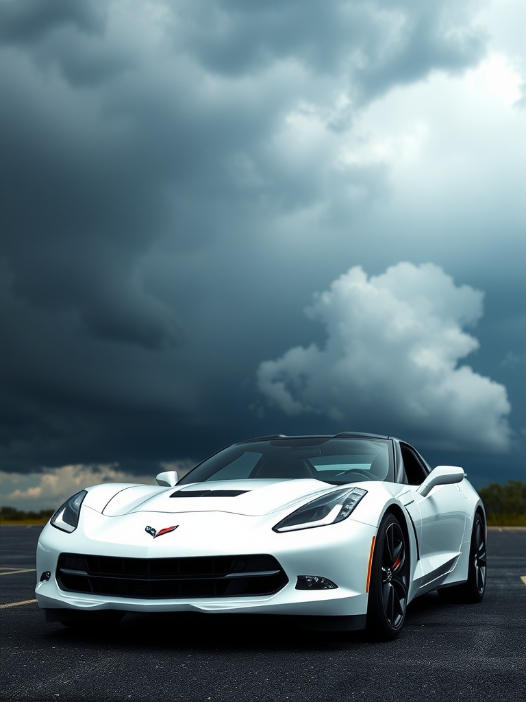 A white Corvette parked under dark stormy skies.