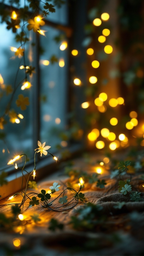 Fairy lights intertwined with shamrocks, creating a cozy and festive atmosphere.