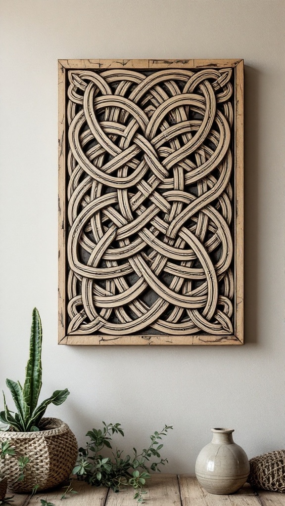 Celtic knot wall art framed on a wall with plants in the foreground.