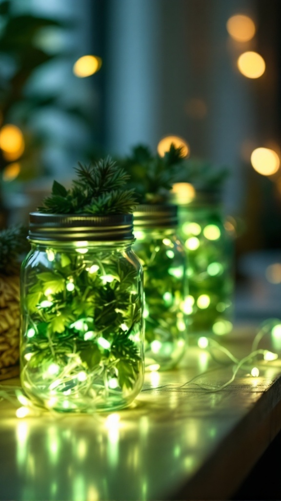 Mason jars filled with green leaves and twinkling lights for St. Patrick's Day decorations