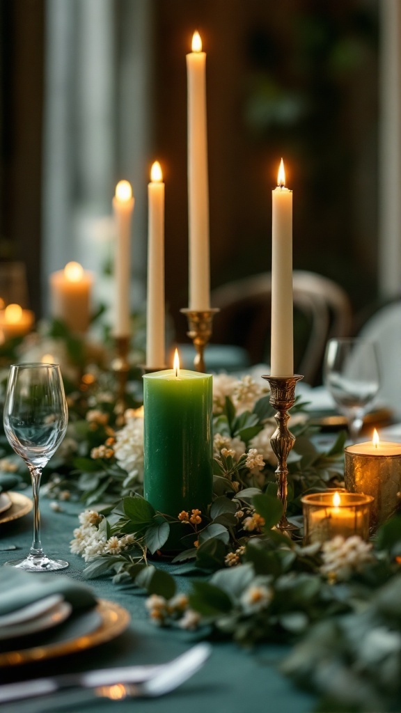 Elegant table setting with tall white candles, a green candle, and gold accents amidst greenery for St. Patrick's Day.