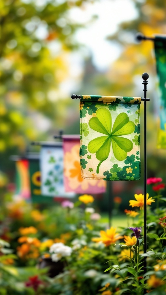 A collection of colorful garden flags with shamrock designs in a flower garden