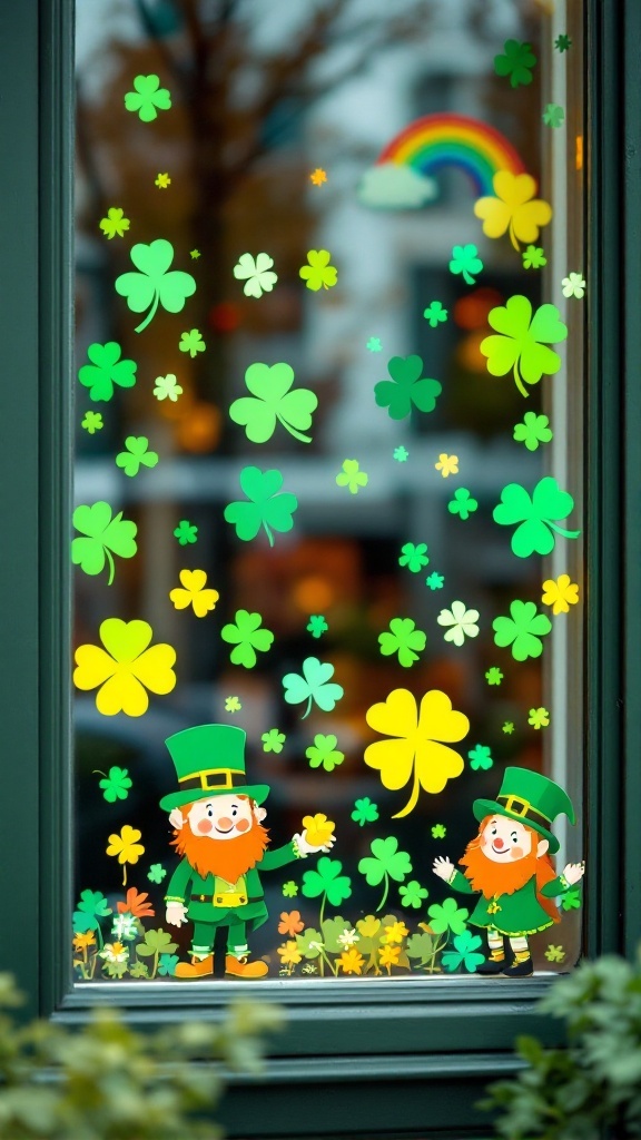 Colorful St. Patrick's Day window clings featuring shamrocks, leprechauns, and a rainbow