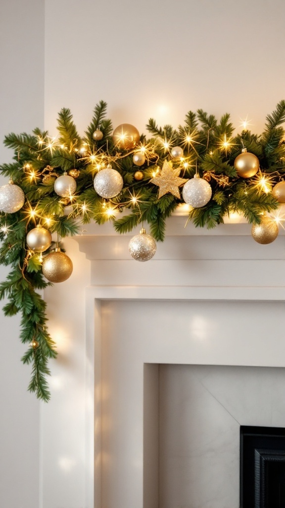 A beautifully decorated garland with gold and green ornaments, draped over a white mantel.