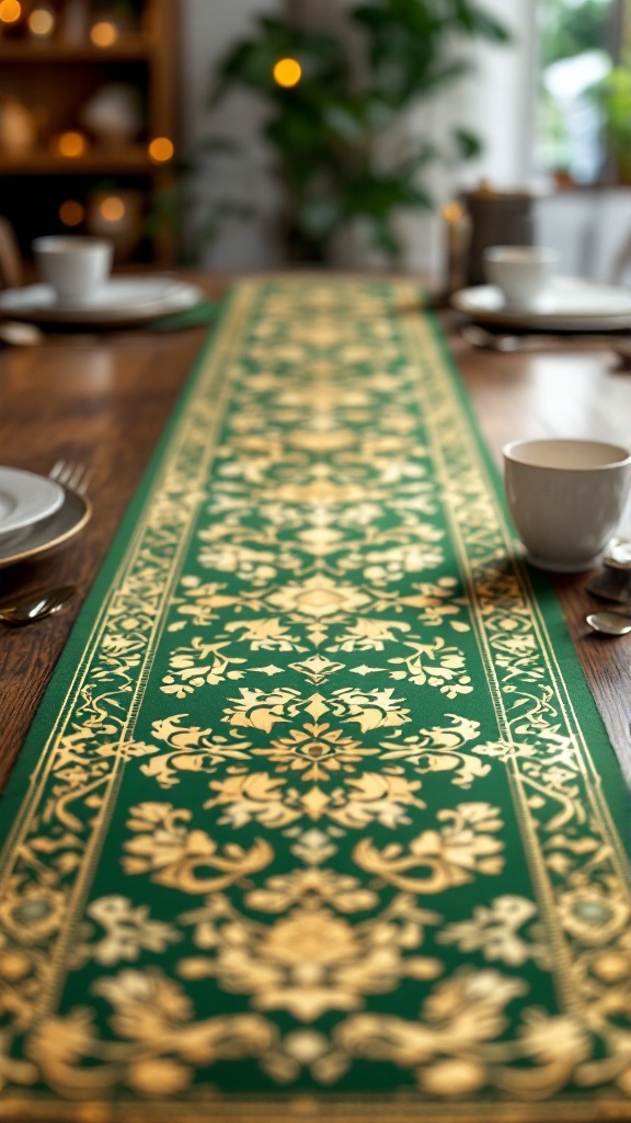 A green table runner with gold patterns laid on a wooden table, set for a St. Patrick's Day meal.