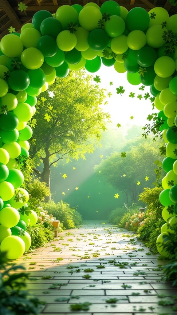 A green balloon arch with various shades of green balloons, surrounded by greenery and shamrock decorations.