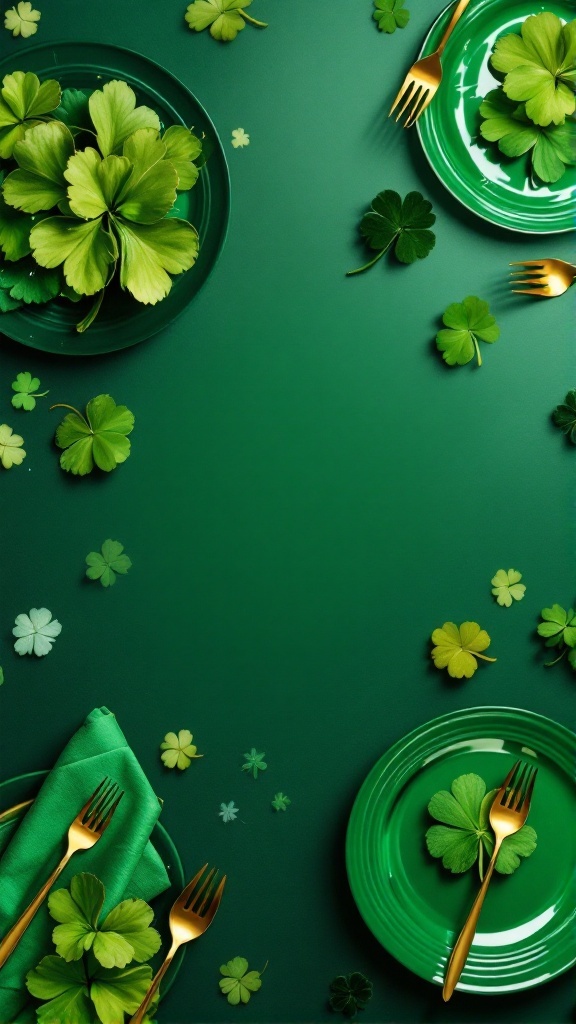 A vibrant green table setting for St. Patrick's Day featuring clovers, green plates, and gold forks.