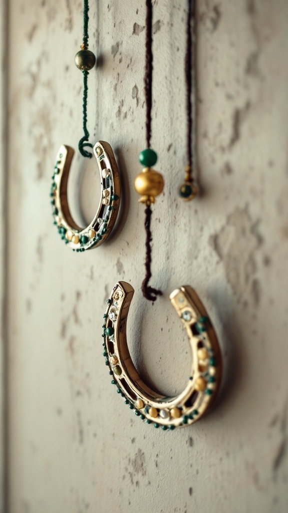 Decorative lucky horseshoes hanging on a wall