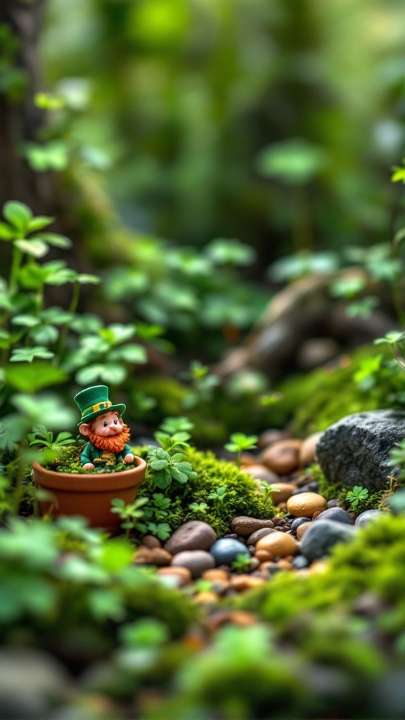 A miniature fairy garden featuring a leprechaun figure among shamrocks and pebbles