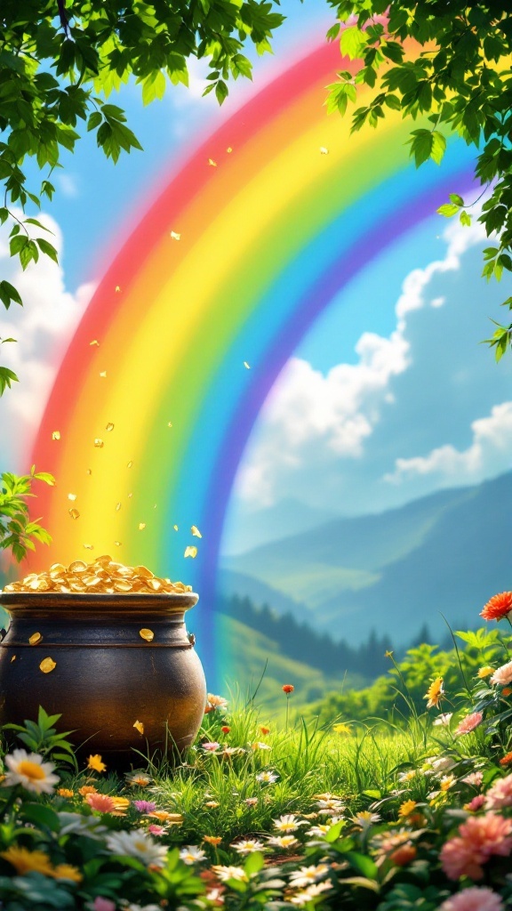 A beautiful rainbow over a pot of gold in a grassy field with flowers.