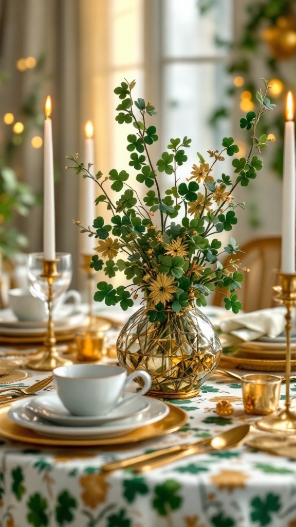 A beautifully decorated table for St. Patrick's Day with shamrock-themed centerpiece and gold accents.