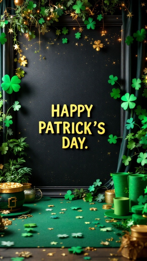 Decorative St. Patrick's Day photo booth with green clovers and festive elements