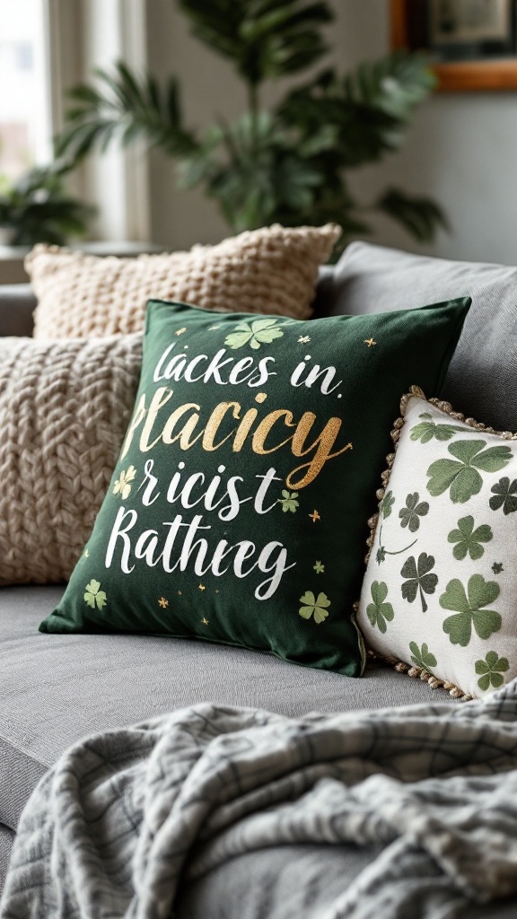 Decorative throw pillows for St. Patrick's Day featuring green color and clover designs.