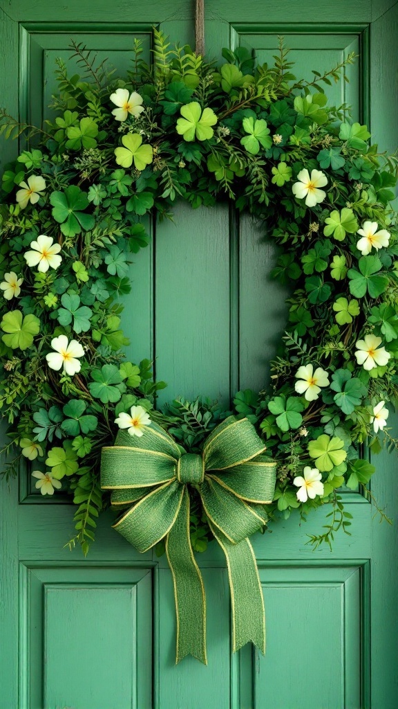 A St. Patrick's Day wreath featuring green clovers and white flowers on a green door.