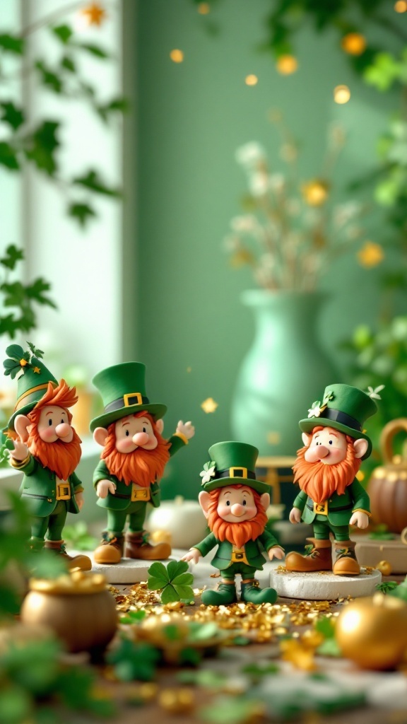 A collection of whimsical leprechaun figurines in green outfits, surrounded by decorative elements for St. Patrick's Day.