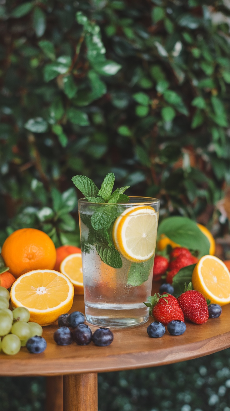 A glass of water with lemon and mint, surrounded by fresh fruits like oranges, strawberries, and blueberries on a wooden table.