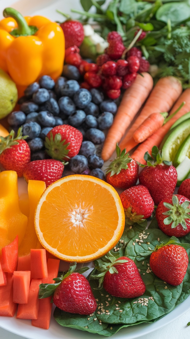 A colorful assortment of fruits and vegetables including oranges, strawberries, blueberries, carrots, spinach, and bell peppers.
