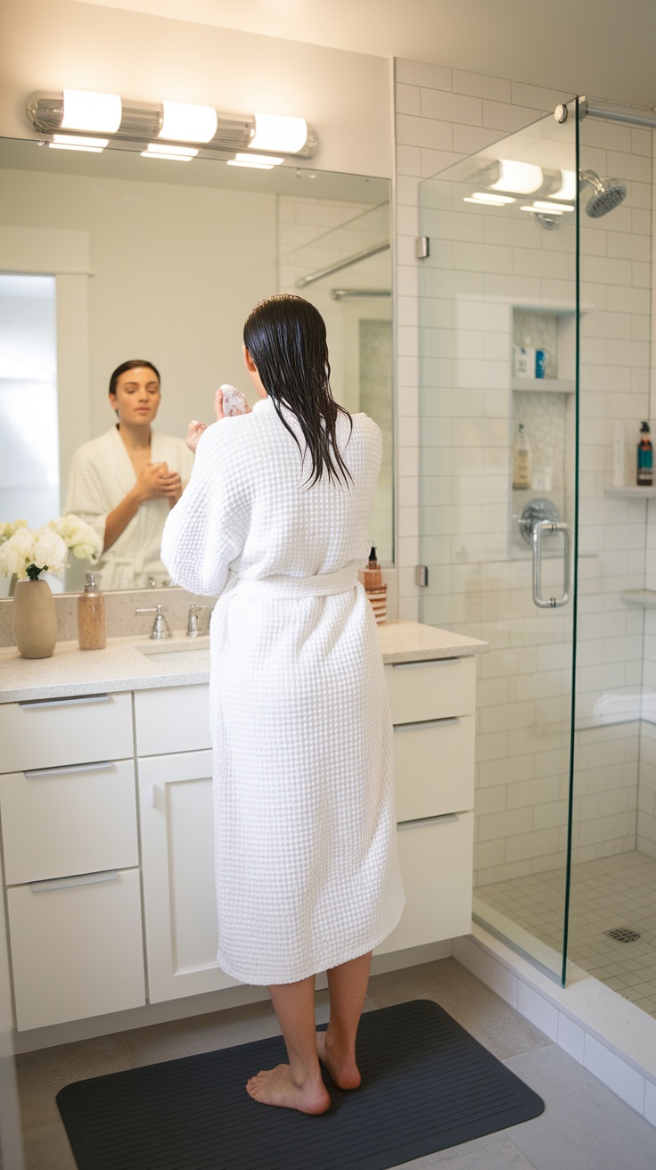 A person in a white robe gently exfoliating their face in a well-lit bathroom