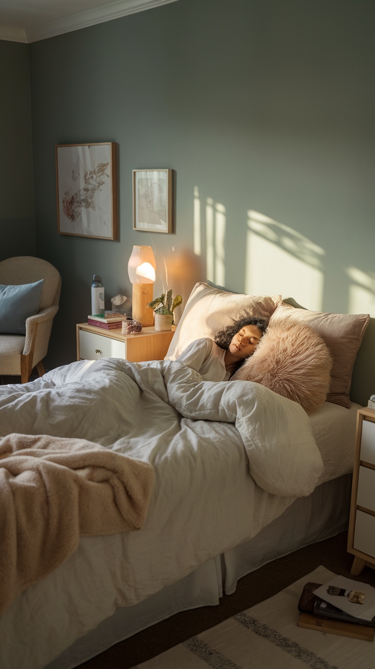 A cozy bedroom setting with a person sleeping peacefully, emphasizing the importance of sleep for skin recovery.