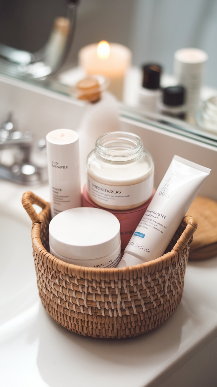 A collection of skincare products in a woven basket on a bathroom counter