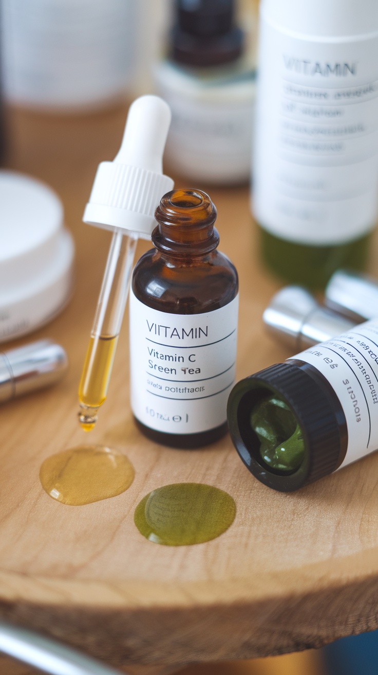 A close-up of various skincare products including a Vitamin C serum and green tea extract, placed on a wooden surface.