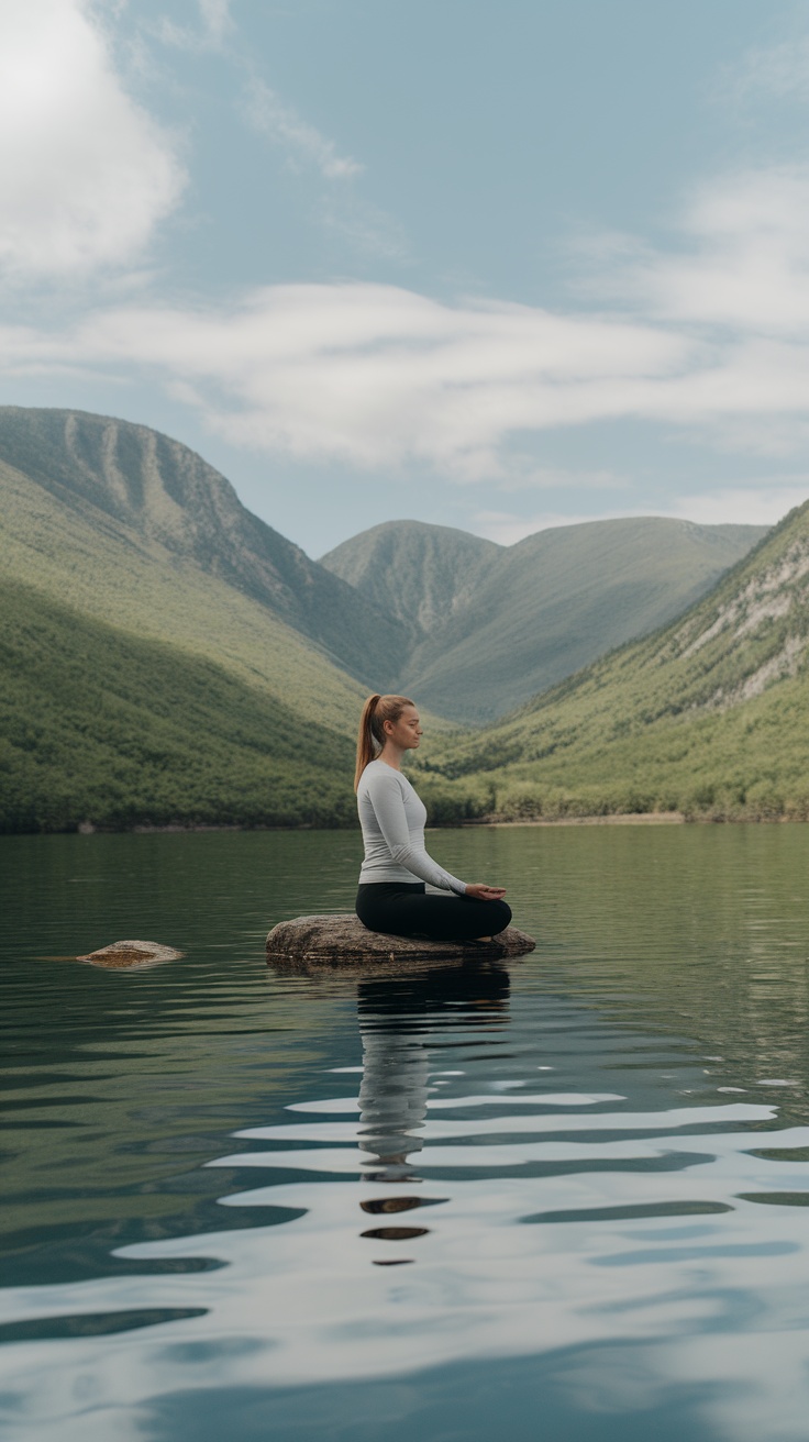 A person meditating on a rock in a calm lake surrounded by mountains under a clear sky.