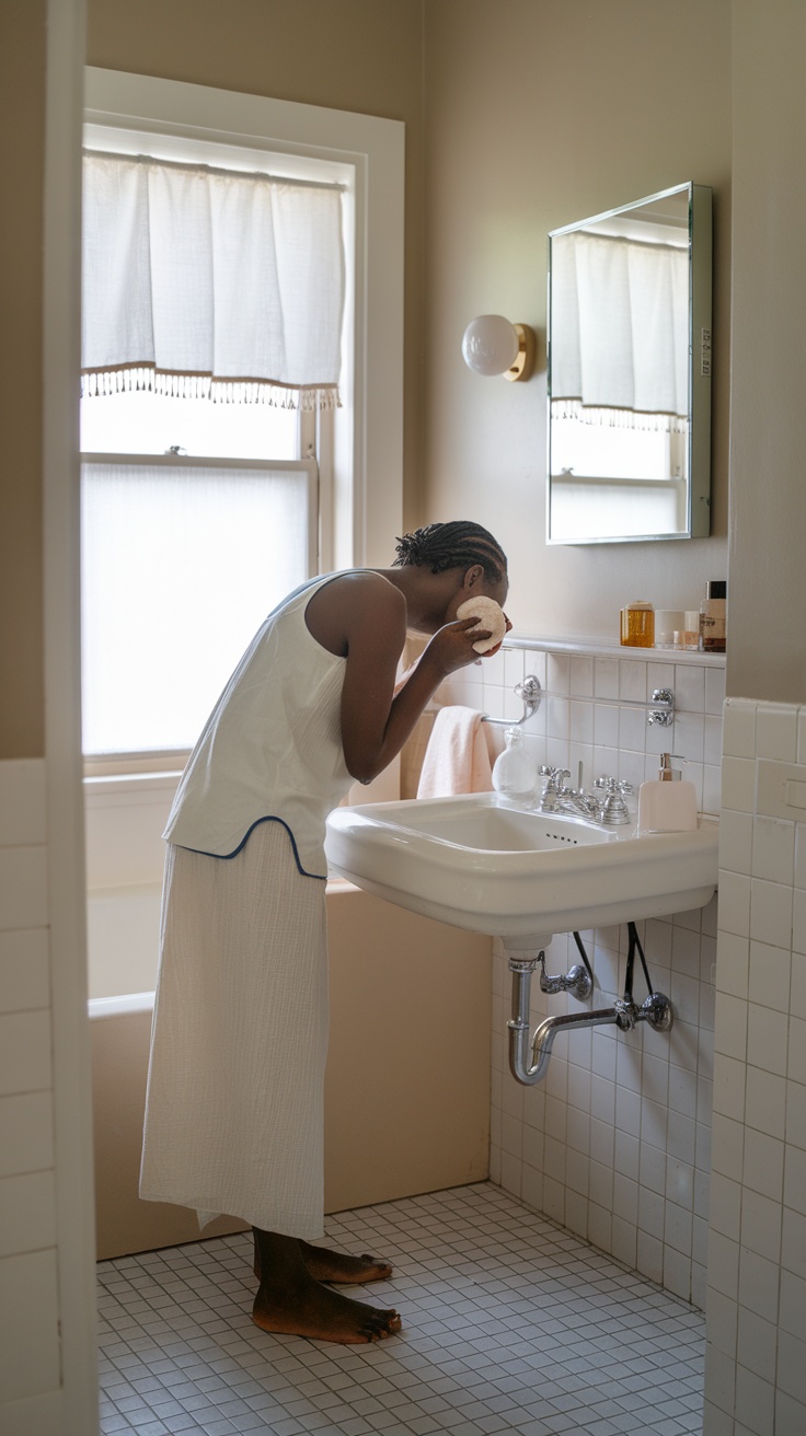 A person cleansing their face at a bathroom sink, focused on skincare routine.