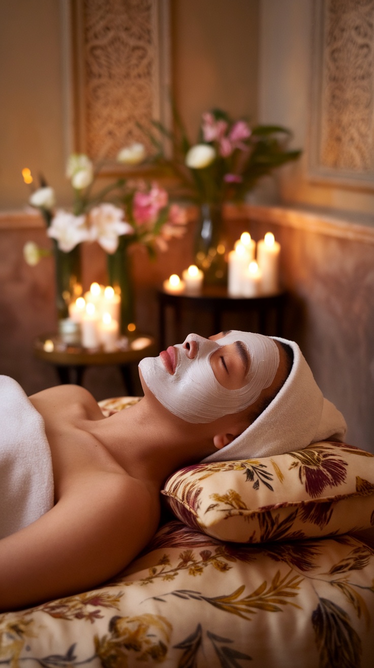 A person relaxing with a facial mask on, surrounded by flowers and candles, creating a calming atmosphere.