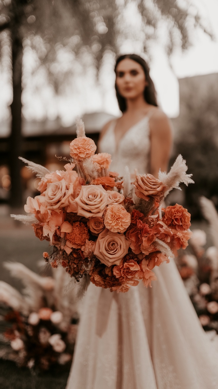 A burnt peach and golden marigold wedding bouquet held by a bride.