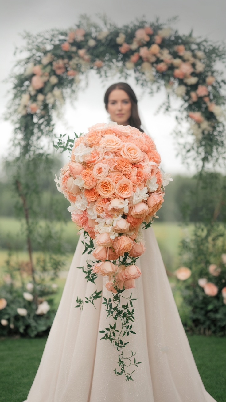 A bride holding a cascading peach rose and jasmine vine bouquet in front of a floral backdrop.