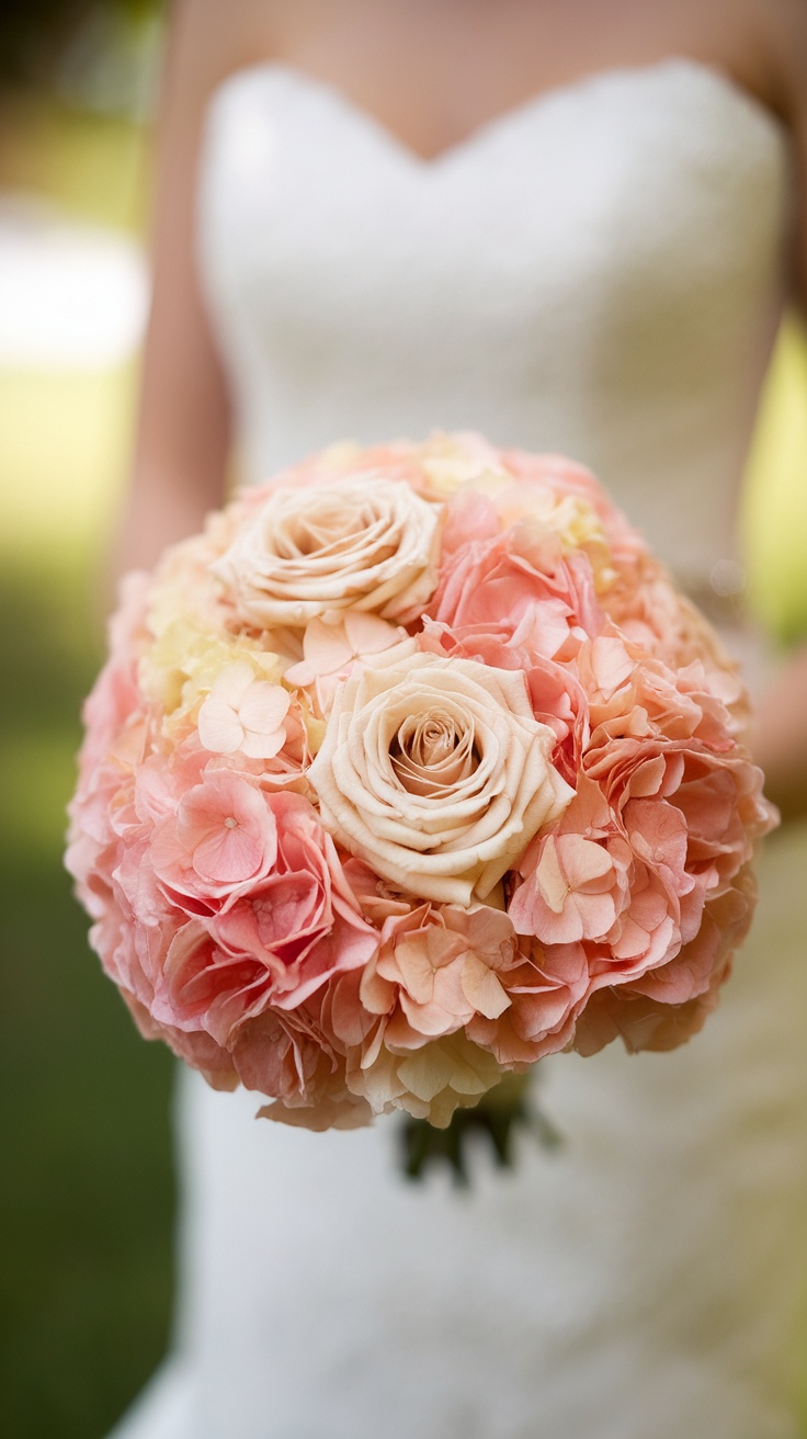A classic wedding bouquet featuring champagne roses and peach hydrangeas.