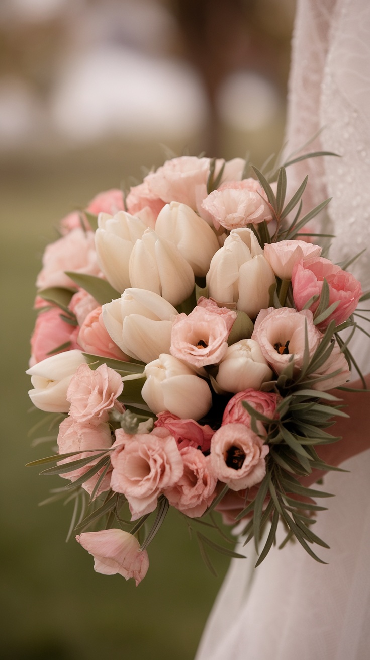 A light peach tulip and lisianthus bouquet held by a bride.