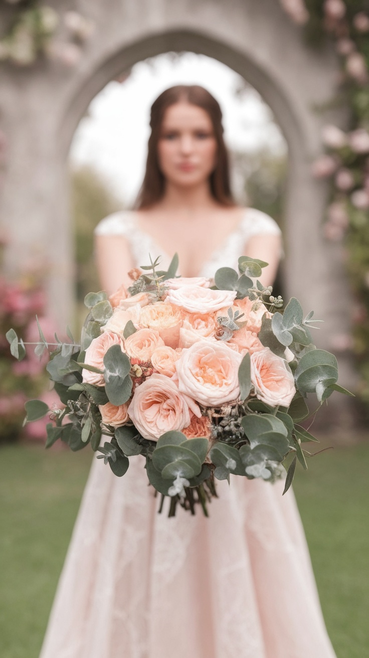 A pastel peach rose bouquet with eucalyptus greenery held by a bride in a soft dress.