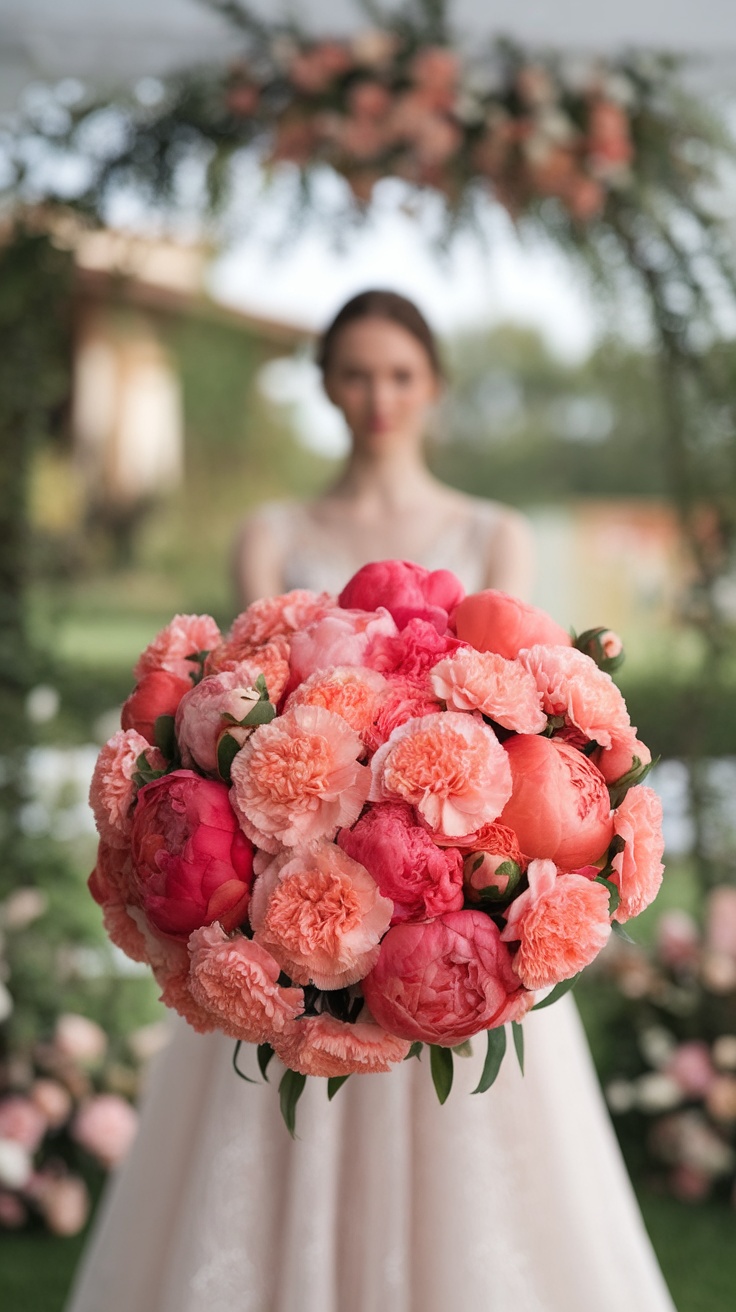A bride holding a lush bouquet made of peach carnations and coral peonies, with a blurred background of floral decorations.