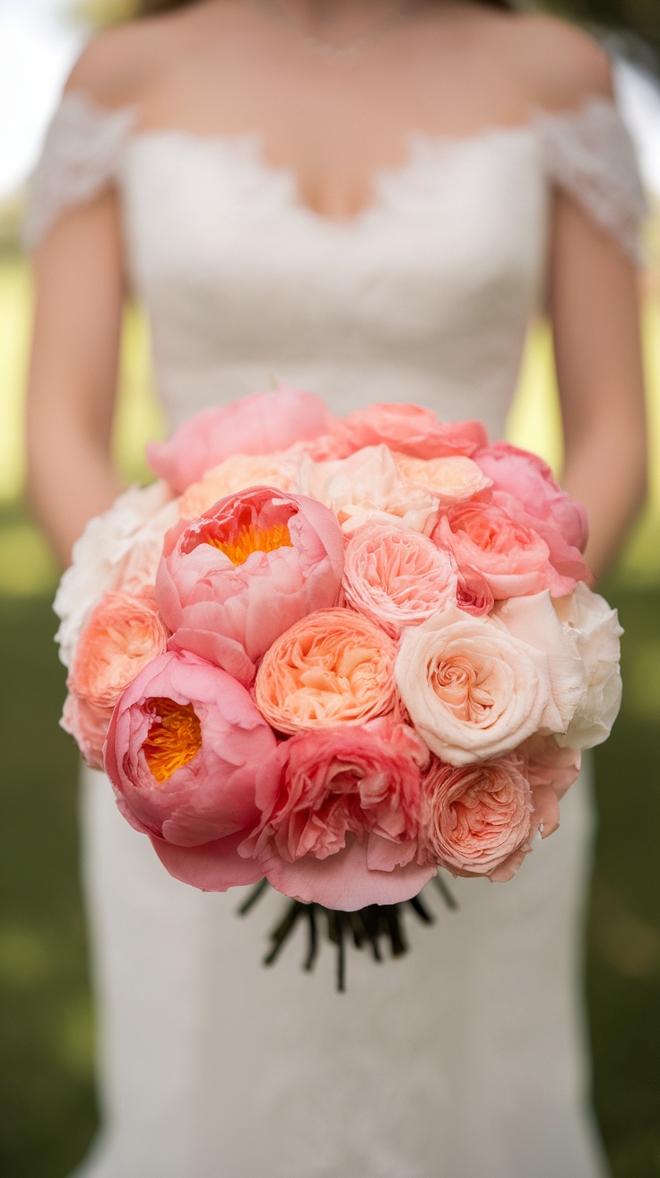 A bouquet of peach peonies and blush roses held by a bride in a lace wedding dress.
