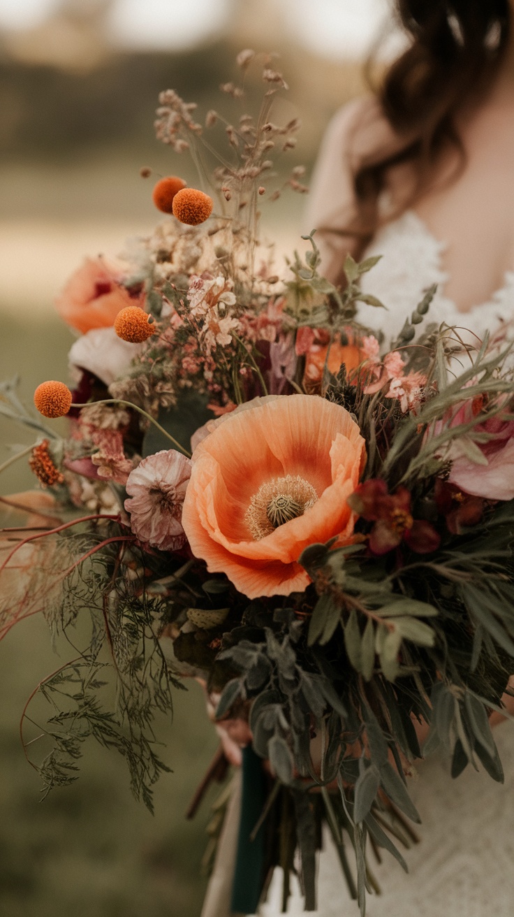 Close-up of a peach poppy and wildflower bouquet, showcasing vibrant flowers and rustic elements.