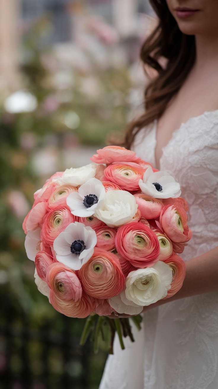 A bouquet featuring peach ranunculus and white anemones held by a woman in a wedding dress.