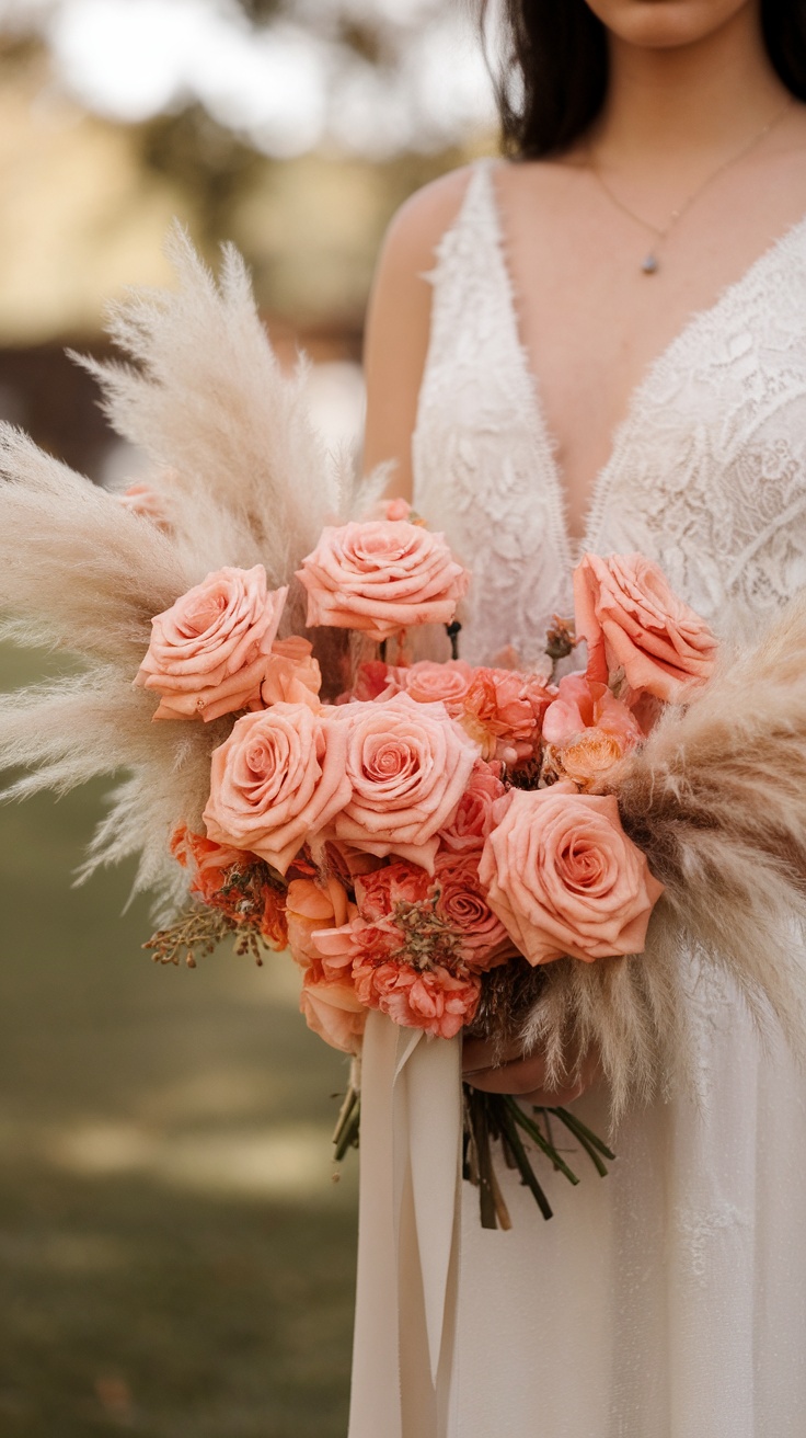 A bride holding a peach rose and pampas grass bouquet