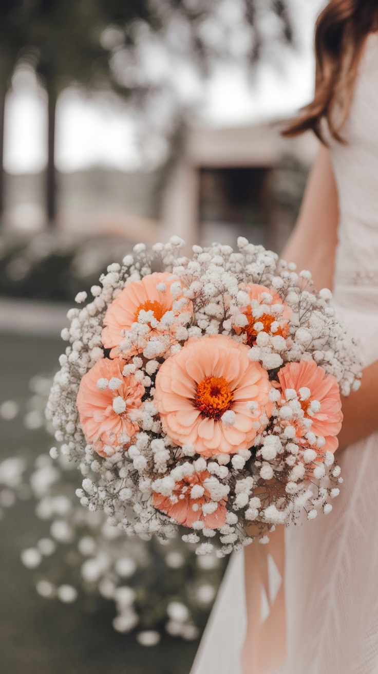 A bouquet featuring peach zinnia flowers and baby’s breath, held by a bride.