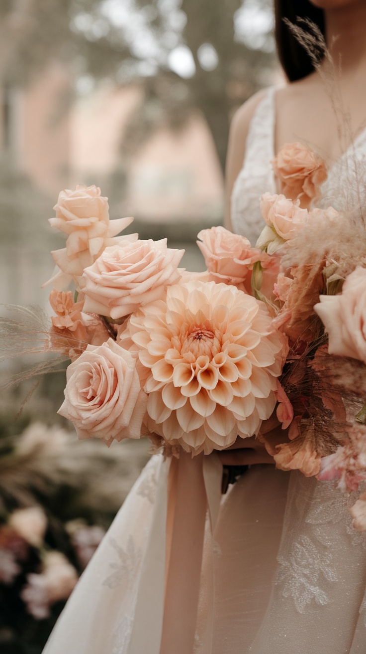 Bouquet featuring soft apricot dahlias and garden roses