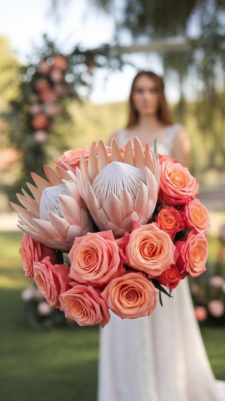 A close-up of a bold wedding bouquet featuring tangerine roses and peach proteas, held by a bride.